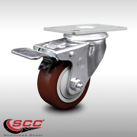 Service Caster 3.5 Inch SS Maroon Polyurethane Top Plate Caster with Total Lock Brake SCC SCC-SSTTL20S3514-PPUB-MRN